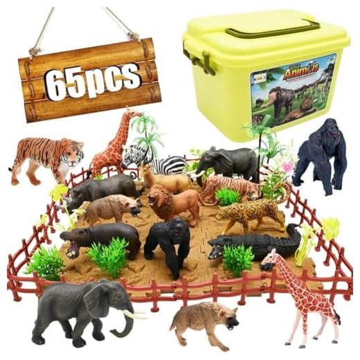 Safari Animals Figurines Toys, 65PCS Realistic Jungle Zoo Animals Figures African Wild Plastic Animals Playset with Elephant, Lion, Giraffe, Fence, Puzzle Blocks for Kids 3 4 5 6 7 8 Years Old
