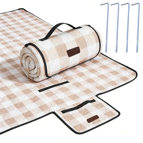 HX&OD Outdoor Picnic Blanket, Extra Large, 80''x80'' Waterproof Foldable Blankets Gingham Picnic Mat for Beach, Camping Grass Lawn Park Accessories Cute Couple Ideas Wedding (Light Brown, 80”x80”)