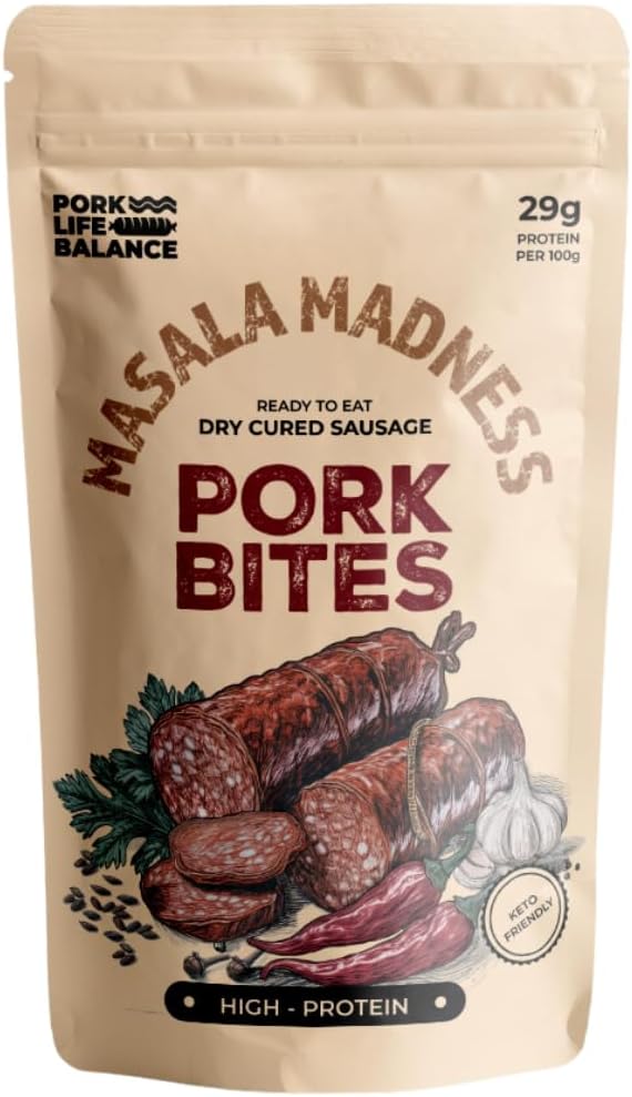 Delicious Masala Madness Pork Bites (100gms) - Ready To Eat, Keto-friendly, Pure Dry Cured Pork Sausages, No Trans fat, Shelf-stable, Gluten & Soy-Free - (Pack of 1)