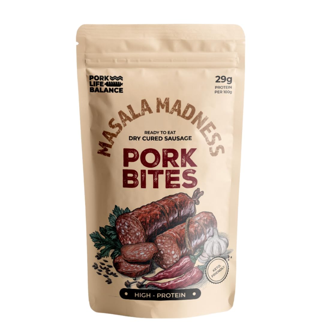 PORK LIFE BALANCE Delicious Masala Madness Pork Bites (100gms) - Ready To Eat, Keto-friendly, Pure Dry Cured Pork Sausages, No Trans fat, Shelf-stable, Gluten & Soy-Free - (Pack of 1)