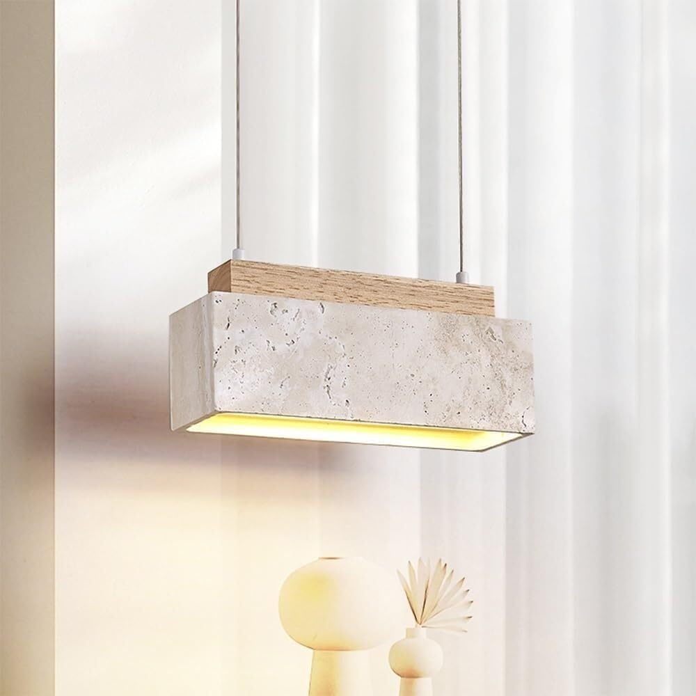 KXEcoLife Retro Natural Stone Dining Room Pendant Light Japanese Wabi-sabi Style Yellow Travertine Bedside Hanging Lamp Mid Century Modern Wood Chandelier