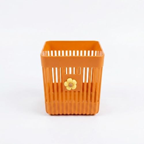 Plastic Square Desktop Storage Basket, Cream, Olive Green and Orange, with Flower Detail, for Stationery and Cosmetics (orange)