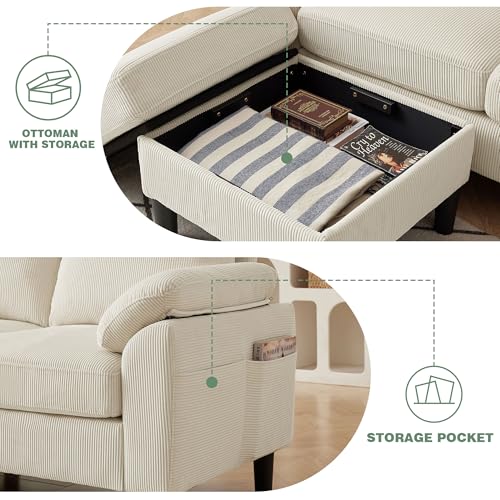 Image of 4 Piece Modern Corduroy Sofa Set, L-Shaped Sectional Couch with Storage Ottoman, Loveseat & Single Arm Chair, Side Storage Pockets, Removable Cushions for Living Room Apartment
