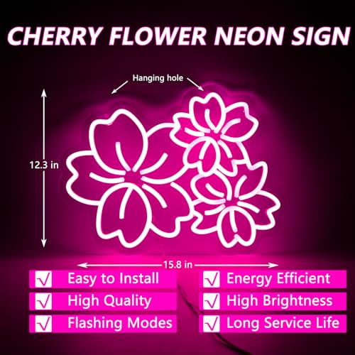 Image of Cherry Flower Neon Sign For Wall Decor Studio Room Led Lights, Beautiful Pink Draw Decor Neon Signs Aesthetic Operated Light For Door Decorations, Drawing Room Gifts Accessories Neon Sign