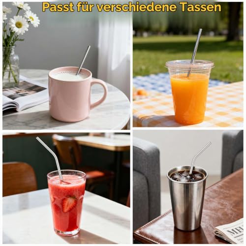 Foto von Euqvunn 16-Teiliges Strohhalm-Set Edelstahl – 8 gerade & 8 gebogene (lange & kurze), Wiederverwendbare Strohhalme mit 2 Reinigungsbürsten und Tasche, Spülmaschinenfest