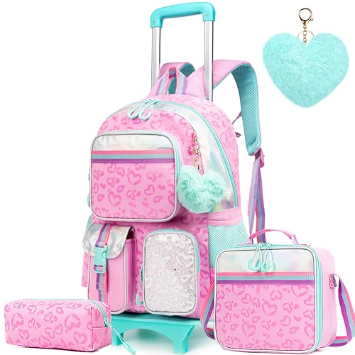 Meetbelify Backpack with Wheels for Girls Rolling Backpack Cute Carry on Backpack with Lunch Box for Elementary Student Teen Girls Luggage Travel Suitcase Girls 8-10 Pink Love