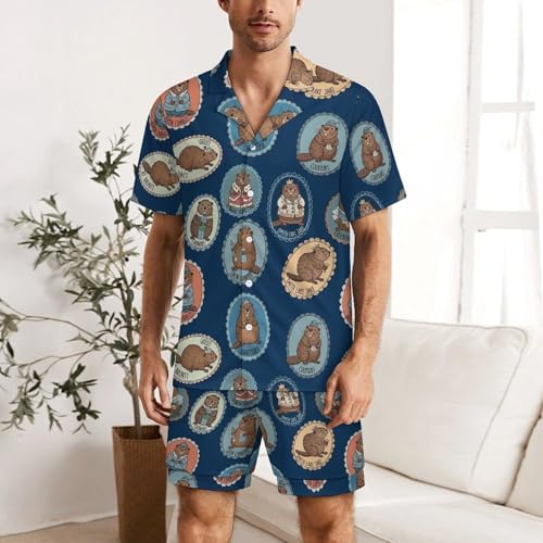 Men's Two Piece Button Down Soft Shirt and Shorts Pajamas Set Lightweight Sleepwear Summer Loungewear (Cute Groundhogs Blue)2