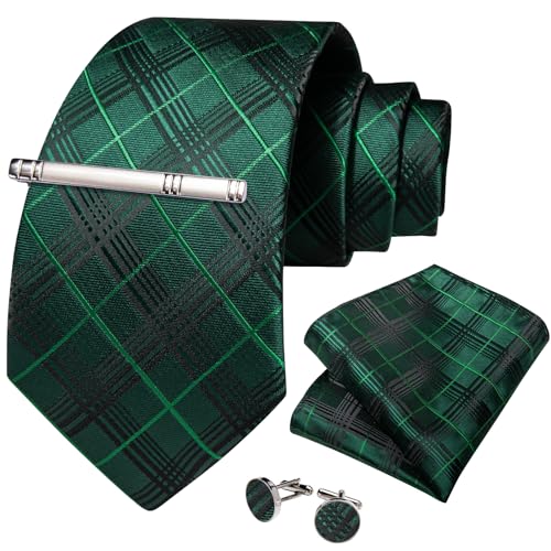 Image of DiBanGu Mens Tie Silk Plaid Striped Necktie and Pocket Square Cufflinks Tie Clip Set with Gift Box Formal Wedding Party