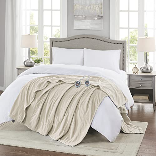 Image of Beautyrest Electric Blanket Luxurious Micro Fleece Ultra Soft Ribbed Textured, Cozy and Snuggly Cover for Cold Weather, Fast Heating, Auto Shut Off, 20 Level Heat Setting Controller, King, Beige