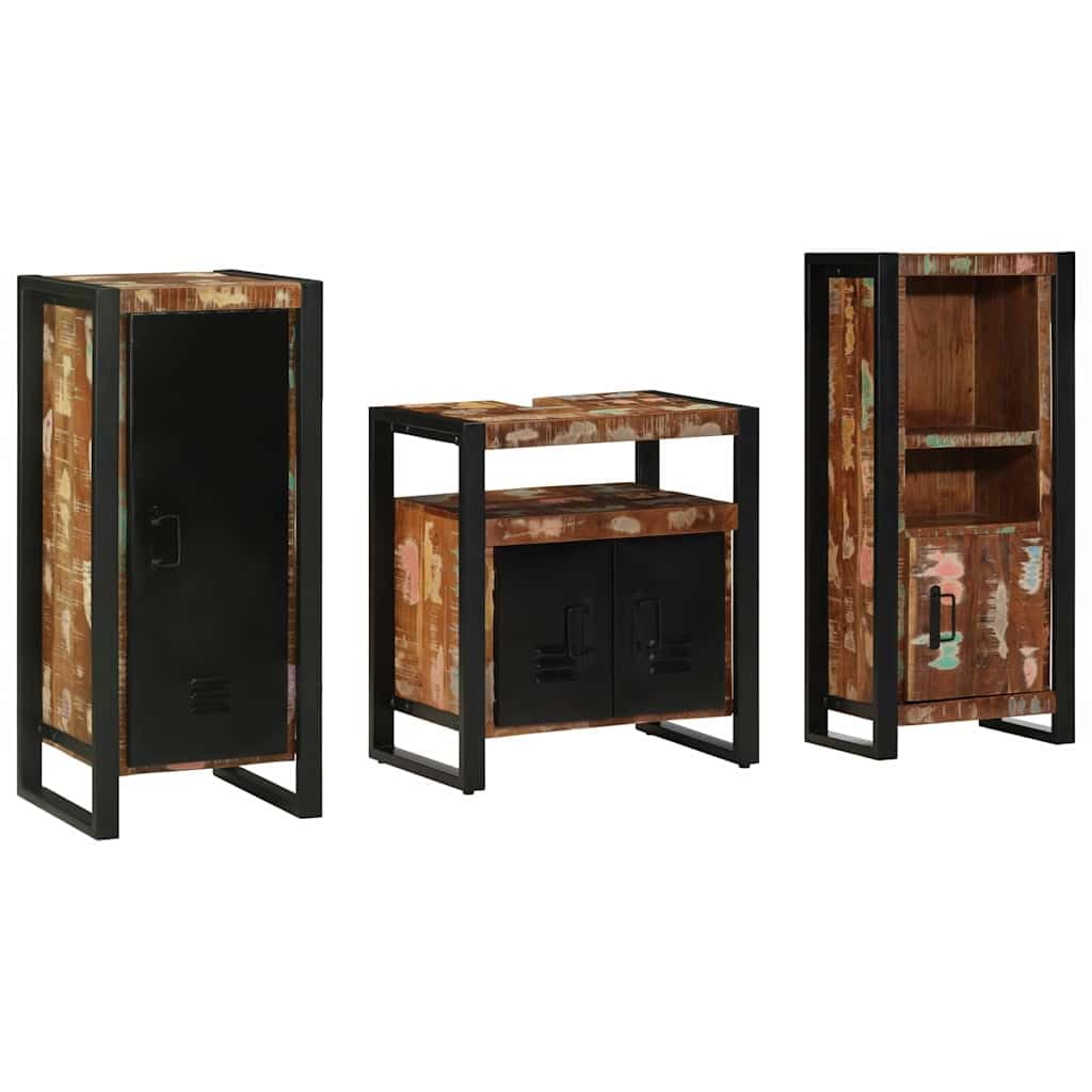 Juego de muebles de baño de 3 piezas, 40 x 35 x 90 cm, madera maciza renovada con marco de metal, diseño moderno para colgar y soporte para pequeños apartamentos y aseos