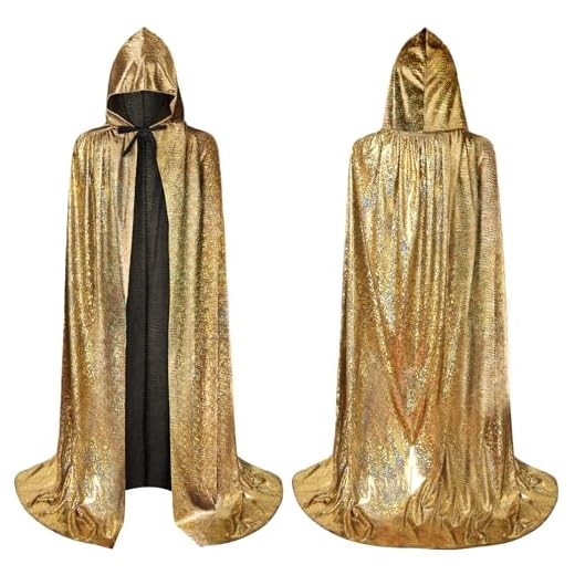 AYBUY Cape con Capucha para Adulto, Cape con Capucha de Halloween, Disfraz de Bruja, Disfraz de Mascarada para Adulto, Halloween, Fiesta de Familia, Carnaval de Navidad, 150 cm, Dorado, 150