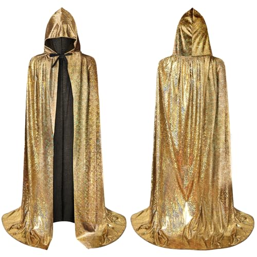 AYBUY Cape à Capuche pour Adulte, Cape à Capuchon d'halloween, Déguisement de Sorcière, Costume de Mascarade Adulte, Halloween, Fête de Famille, Carnaval de Noël, 150CM # Or