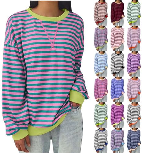 Womens Sweatshirt Casual Striped Color Block Long Sleeve Crewneck Pullover Tops Oversized Sweatshirt for Women