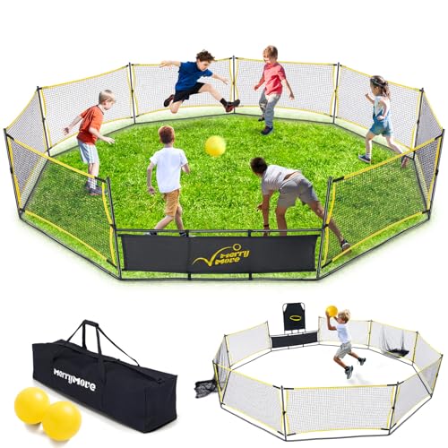 MerryMove Gaga Ball Pit Portable: 15FT 3in1 Gaga Pit with Basketball Hoop and Soccer Goals - Play System for Kids 4 to 12 Years Old Indoor Outdoor for Backyard School Camp Activities