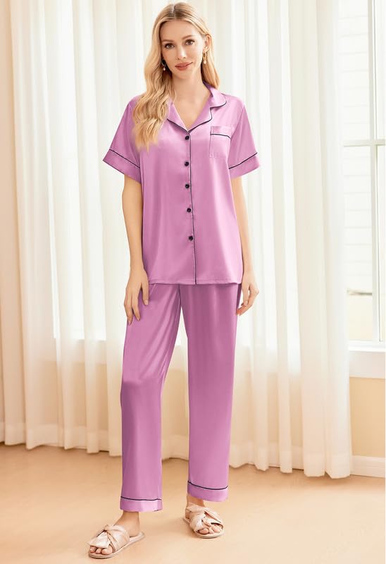 Image of Ekouaer Silk Pajamas for Women Set Satin Soft Short Sleeve Button Down Pjs