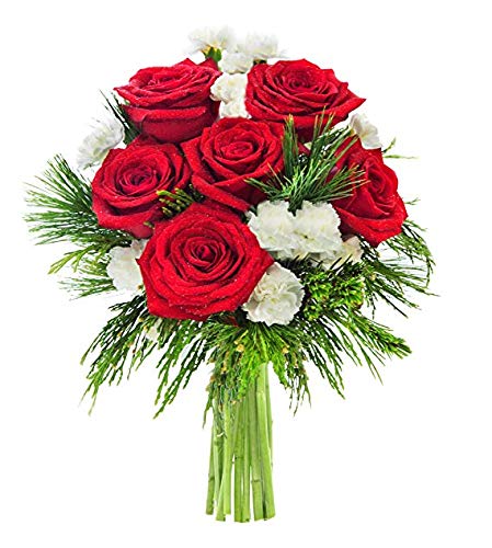 KaBloom - Winter's Rose Bouquet of Red Roses, White Mini Carnations Accented with Seasonal Greens - Fresh Flowers for Birthday, Valentine's & Mother's Day