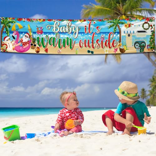 Image of Summer Christmas Banner Decorations Baby It's Warm Outside Banner Summer Christmas Yard Sign with Beach Snowman Santa for Christmas Hawaiian Luau Party Decorations
