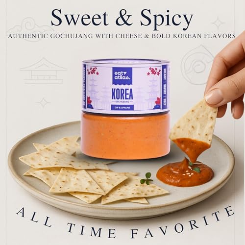 Image of Eat Atlas | Korean Cheesy Gochujang Dip (100g) + Baked Lavash Chips (85g) | Gourmet Low Calorie Snack Combo | Authentic, Ready to Eat Creamy Spread | No Preservatives | For Parties, Office, Travel