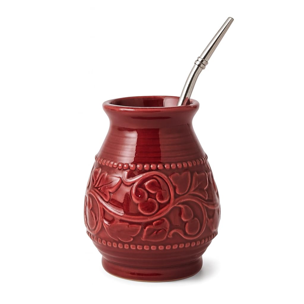Pure Argentino Ceramic Yerba Mate Gourd Set — Handmade Embossed Calabash Cup