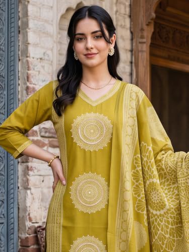 Image of INDO ERA Women's Pure Cotton Printed Thread Work Straight Kurta & Pant with Dupatta Set | Cotton Kurta Set For Women