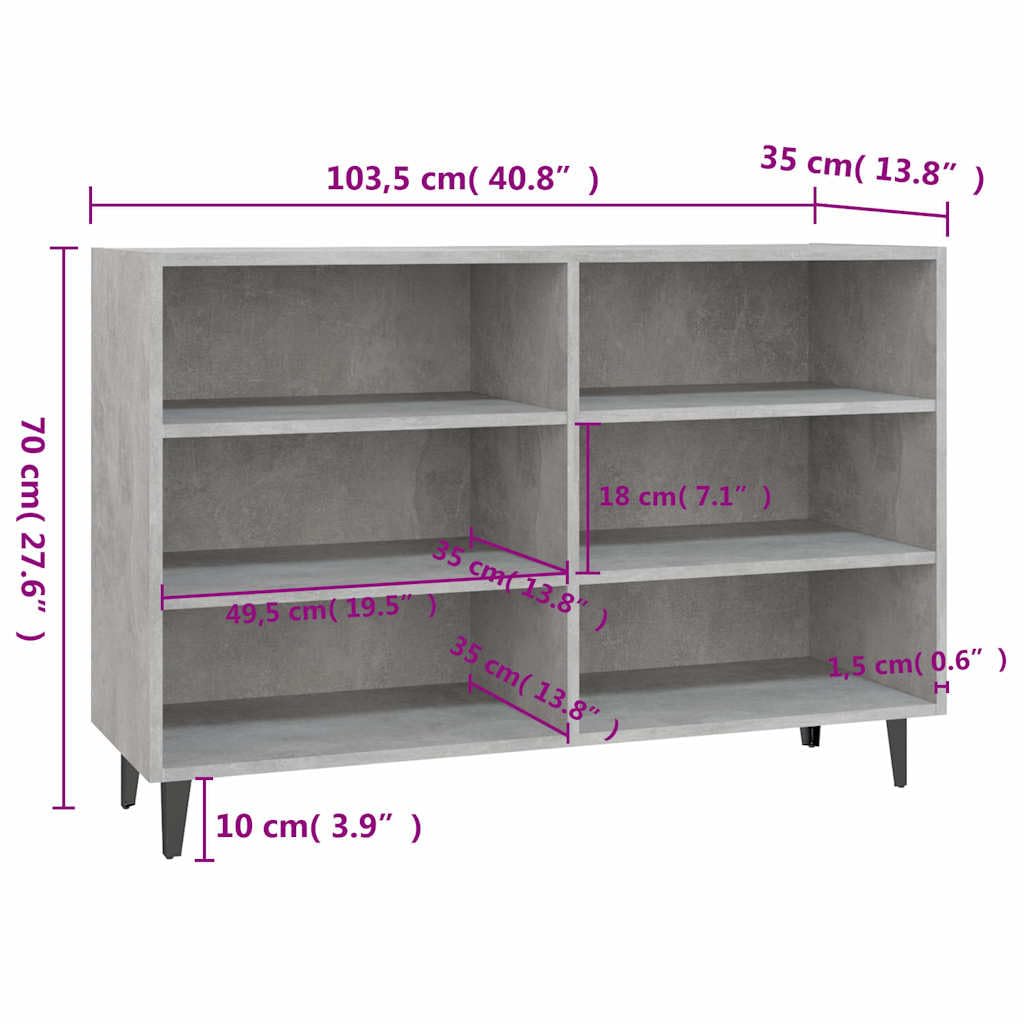 Credenza grigio cemento, 103,5 x 35 x 70 cm, comò con 6 scomparti