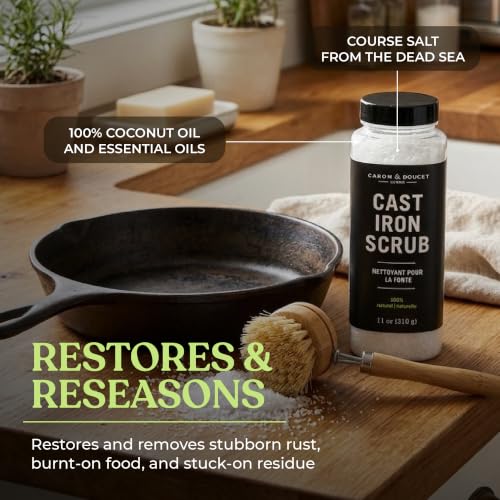 Image of CARON & DOUCET - Ultimate Cast Iron Set: Seasoning Oil, Cleaning Soap & Restoring Scrub | 100% Plant-Based & Best for Cleaning Care, Washing, Restoring & Seasoning Skillets, Pans & Grills!
