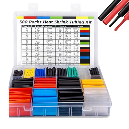 Ginsco 580PCS Heat Shrink Tubing Kit 6 Colors 11 Sizes Assorted Sleeving Tube Wrap Cable Wire Kit for DIY