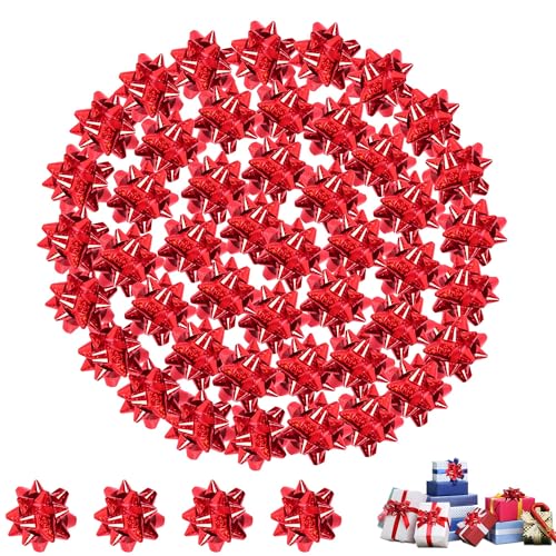 Herbbree 50PCS Christmas Bows for Gift Wrapping 5CM/1.96Inch Medium Metallic Red Bows Self Adhesive Foil Star Bow for Presents Christmas Party Birthday Wedding Craft Favors Decorations