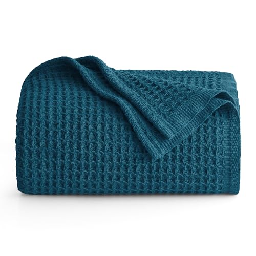 Image of Bedsure 100% Cotton Throw Blanket for Couch 50x70 inches - Cooling Breathable and Soft for Summer, Waffle Weave Throw Blanket for Office, Teal