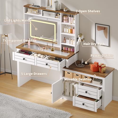Vanity Mirror with Lights, Makeup Vanity Desk with 5 Drawers, 6 Open Storage Shelves, Large Extendable Dressing Table with Charging Station, Glass Top, Antique White