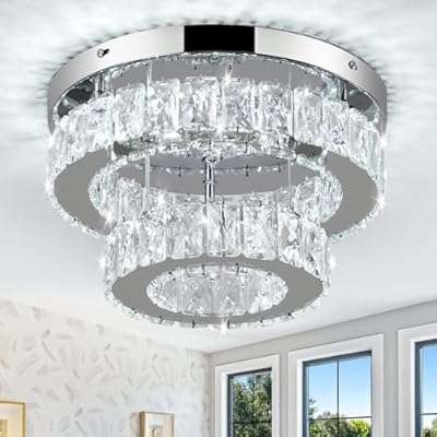 11.8 Inch Modern Mini Crystal Chandelier LED Flush Mount Ceiling Light - 2 Layer K9 Crystal, Small Chandelier for Bedroom, Hallway, Kitchen, Bathroom, Closet, Dining Room (Cool White)