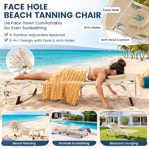 ABORON 4-in-1 Lounge Chair with Face & Arm Holes for Tanning, 440LB Heavy-Duty Folding Recliner with Plush Cotton Cushion, No Assembly Tri-Fold Guest Bed for Sunbathing, Poolside, Office Nap & Camping - Thumbnail 3