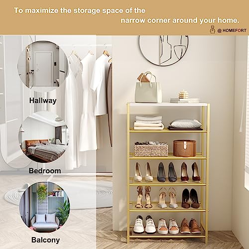 Image of HOMEFORT Shoe Rack 6-Tier, Shoe Storage Shelf, Industrial Shoe Tower, Narrow Shoe Organizer for Closet Entryway, Small Shoe Rack Table with Durable Metal Shelves,Gold