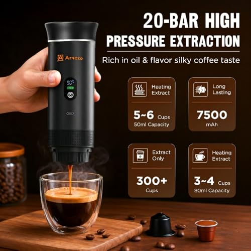 Image of 3 in 1 Portable Electric Espresso Machine, Hot & Cold Cofee Maker, Brewer Compatible with Ground Coffee & NS Capsules | Perfect for Home, Office & Camping (Black with LCD Screen) (BLACK)