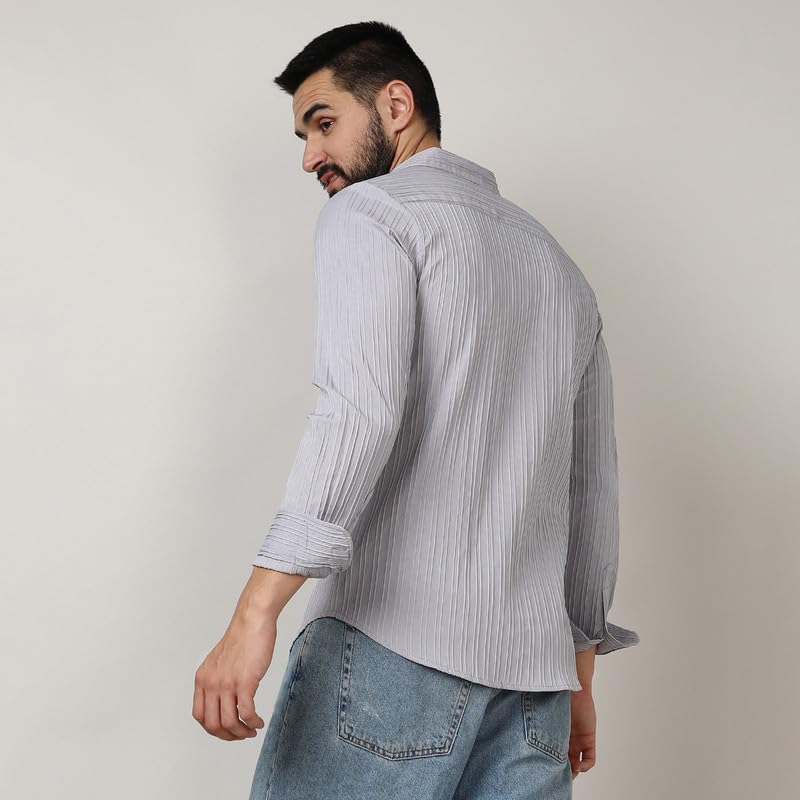 Image of CAHOOT Men's Self-Design Striped Shirt for Casual Wear | Spread Collar | Long Sleeve | Button Closure | Shirt Crafted with Comfort Fit for Everyday Wear