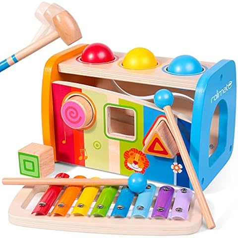 4-in-1 hammerspiel, Montessori pädagogisches vorschullernen Spielzeug ab 1, 2, 3, 4 Jahre, holzspielzeug, Formsortierer, Xylophon, Geburtstagsgeschenk für Jungen, Mädchen, Babys, Kleinkinder, Kinder Cover