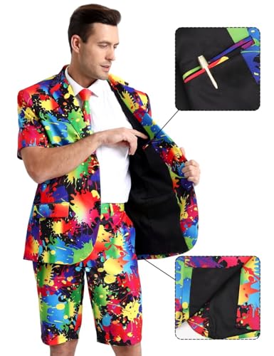 Men's 3-Piece Pride Rainbow Suits, Two Buttons Short Sleeve Blazer & Shorts & Tie4