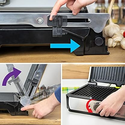 TZS First Austria Tischgrill, Elektrogrill für den Tischgebrauch, Grillplatte für Fleisch & Gemüse, 180°-Öffnung, Kontaktgrill mit Antihaftbeschichtung, in Schwarz/Edelstahl, 900 W – Bild 6
