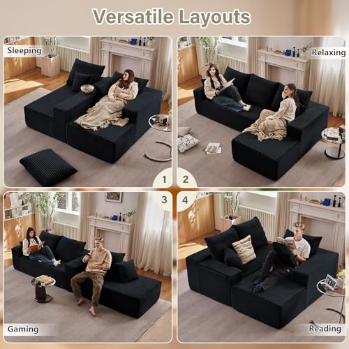 Image of 95.8 inch Cloud Sectional Couch with L-Shape Chaise, Modern Modular Comfy Sofa Chaise Longue, Upholstered Corduroy Couches Sleeper with Deep Seat for Living Room Bedroom, No Assembly Required, Black