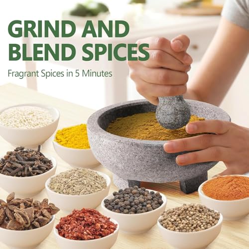 Luvan Large Mortar and Pestle Set,4 Cups Unpolished Granite Natural Stone Grinder Bowl for Molcajete Guacamole Bowl Crushing/Mexicano Guacamole,Spices Grinder,Herb Crusher,Salsa Pesto-8IN/Gray - Thumbnail 2
