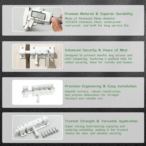 Image of Alise 2 PCS 4 Inch Sliding Door Lock, SUS304 Stainless Steel Padlock-Style Gate Latch, Thickened Heavy Duty Security Slide Latch Lock for Outdoor Fence, Window, Shed Door White MCX7004W-2P