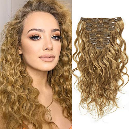 Caliee Natural Wave Curly Clips in Human Hair Extensions 22 Inch Honey Blonde Color for Women Clips on Wavy Curl African American Human Hair 7Pcs Per Set with #27 Color 120gram