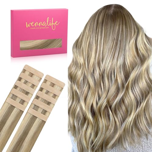 WENNALIFE Extensiones Adhesivas Pelo Natural, Rubio Dorado Resaltado Marrón Ceniza 45cm 25g 10 Piezas Extensiones de Remy Pelo Natural Cabello Humano Mechas Pelo Invisible para Niñas Mujeres Trenzas