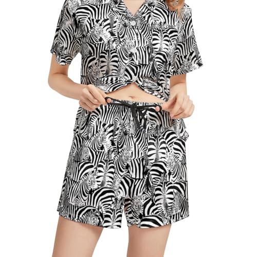 Image of Funny Pajamas for Women Set Print Satin Loungewear Pjs Short Sleeve Button Down Top and Shorts Sets Sleepwear XS-3XL