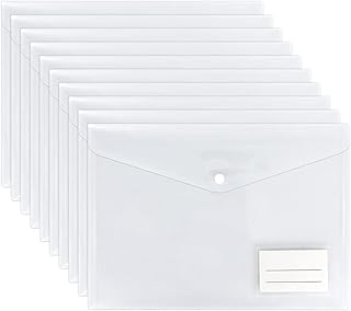 Clear Plastic Wallets - 10 Pack A4 Plastic Folders Document Files Envelope - Plastic Popper Wallets with Label Pocket and Snap Button for School Office Homework Travel