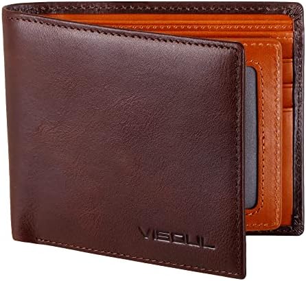 VISOUL Men's Bifold Wallet with 2 ID Windows, Genuine Leather Card Holder Front Pocket Wallet with RFID Blocking for Men (Coffee and Orange)