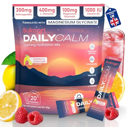 Sukoon Dailycalm Powdered Drink Mix Cortisol Reducer and Sleep Aid Supplement Magnesium Glycinate L-Theanine Ashwagandha Vitamin D3 No Sugar Non GMO On The Go 20 Servings Raspberry Lemonade