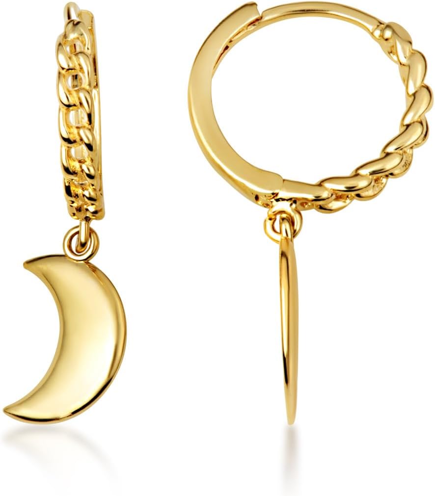 Claddagh Gold 10K or 14K Yellow Gold Crescent Moon Cuban Link Huggie Hoop Earrings