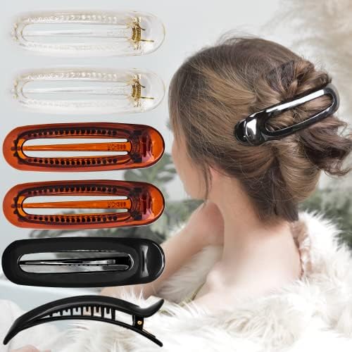 RC ROCHE ORNAMENT 6 Pcs Womens French Barrette Classic Duckbill Alligator Eyelet Oval Hair Decor Clips Side Slide Firm Grip Beauty Accessory Plastic Styling Pin Clamps, Large Clear Brown and Black