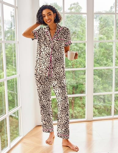 Image of Ekouaer 2 Piece Satin Short Sleeve Pajamas Set Button Down Sleepwear | Soft Pjs Set Classic Loungewear for Wedding, Party, Home, Daily Wear, Date Nights